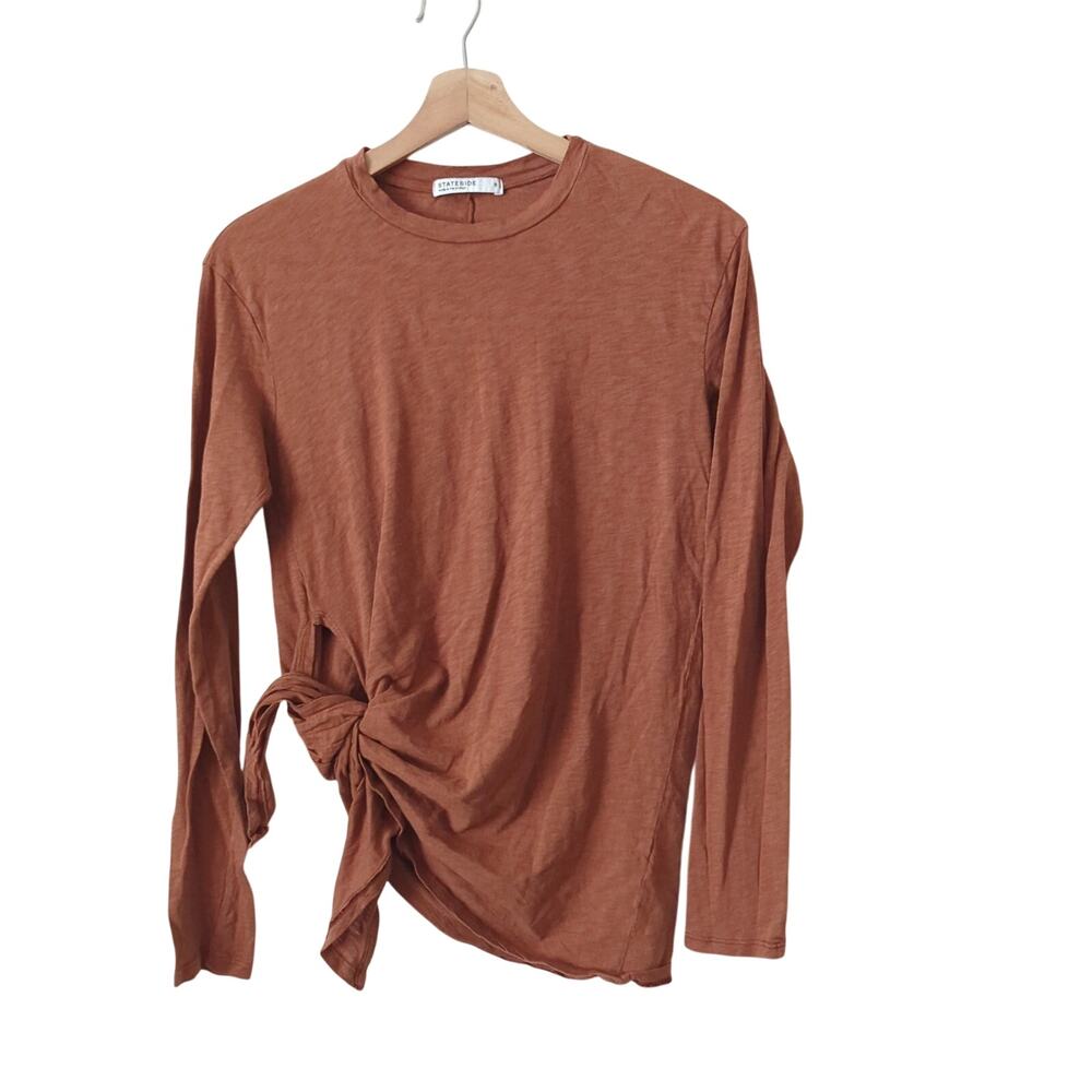 Stateside Top Womens Small Tie Side Long Sleeve Burnt Orange Brown 100% Cotton